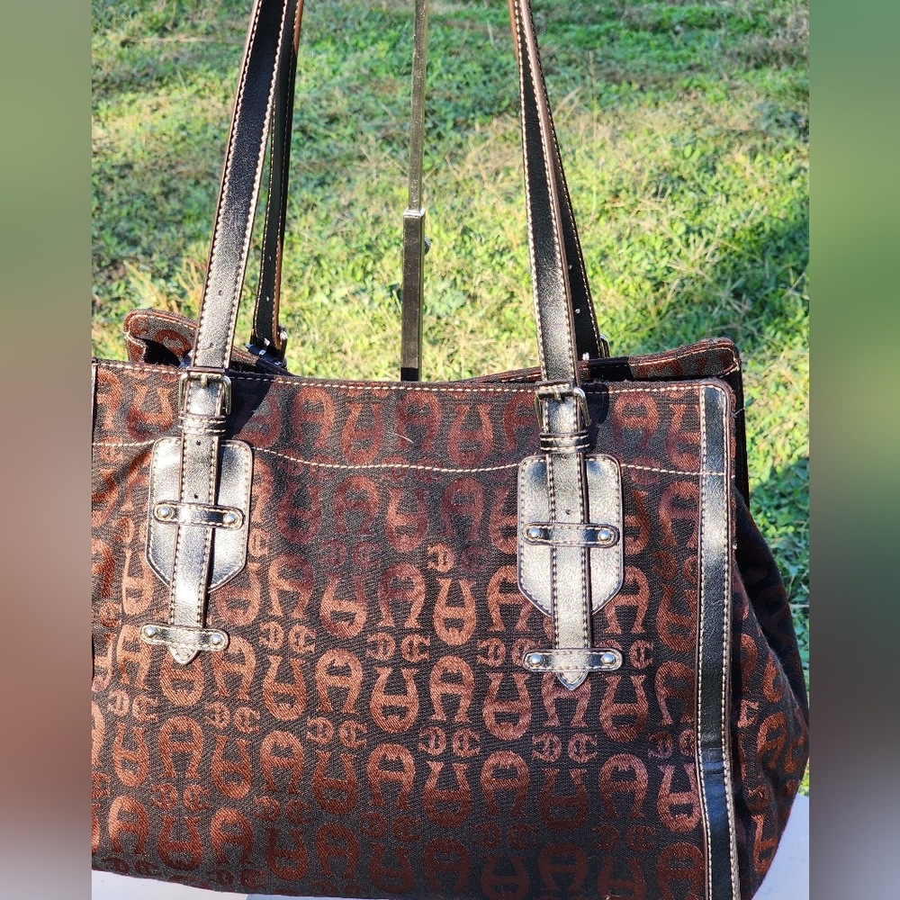 ETIENNE AIGNER Shoulder Bag Leather & Canvas Brown Signature Logo - Picture 2 of 9
